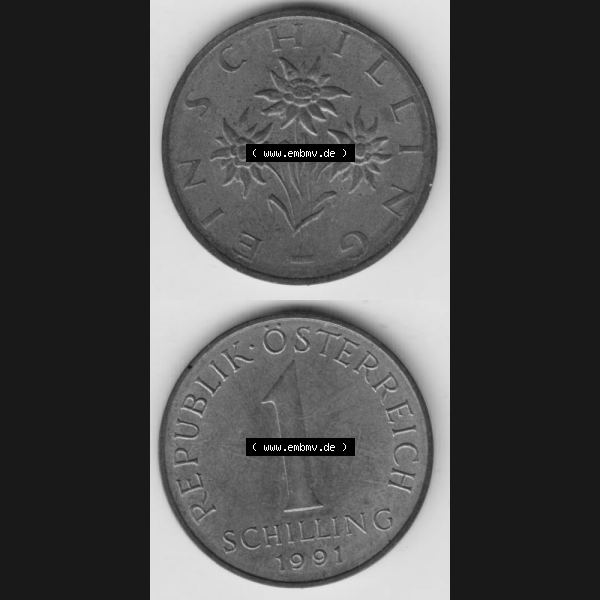 Grau bzw. s/w Münzen Österreich Umlaufmünze 1959-2001, 1 Schilling 1991 I., Münze aus Österreich mit Münzseiten Vertikal / Untereinander auf einen Bild für Mobile-Geräte... Sammlung Graustufen