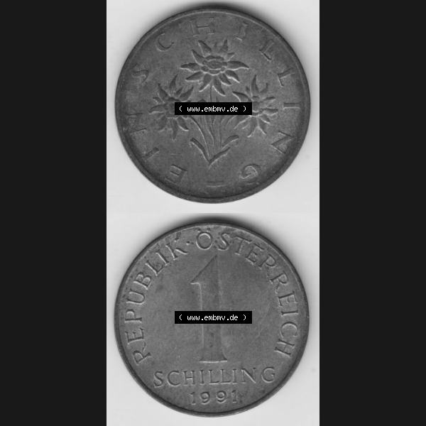 Grau bzw. s/w Münzen Österreich Umlaufmünze 1959-2001, 1 Schilling 1991 II., Münze aus Österreich mit Münzseiten Vertikal / Untereinander auf einen Bild für... Sammlung Graustufen