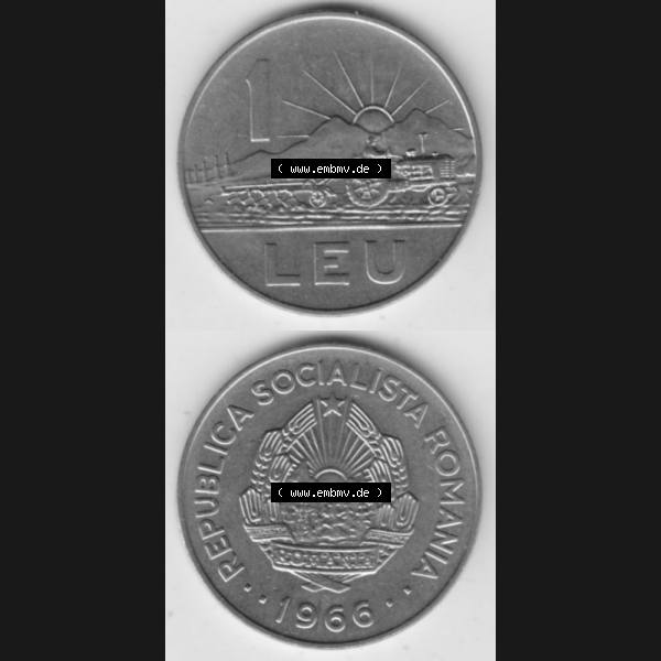 Grau bzw. s/w Münzen Rumänien Umlaufmünze 1966-1966, 1 Leu, Münzseiten Vertikal für Mobile-Geräte als Bildmaterial Sammlung Graustufen