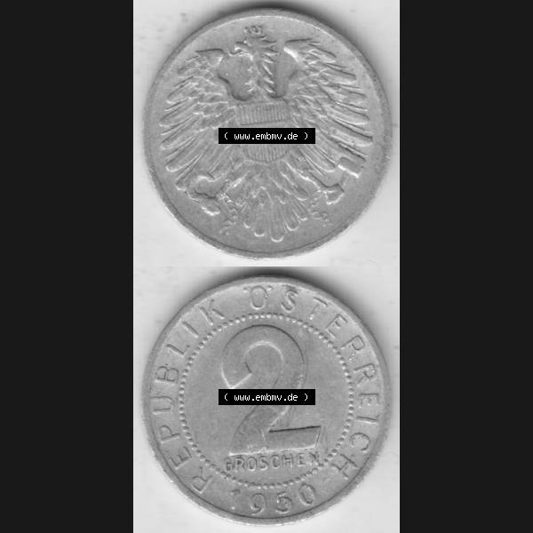 Grau bzw. s/w Münzen Österreich Umlaufmünze 1950-1994, 2 Groschen 1950, Münze aus Österreich mit Münzseiten Vertikal / Untereinander auf einen Bild für Mobile-Geräte... Sammlung Graustufen