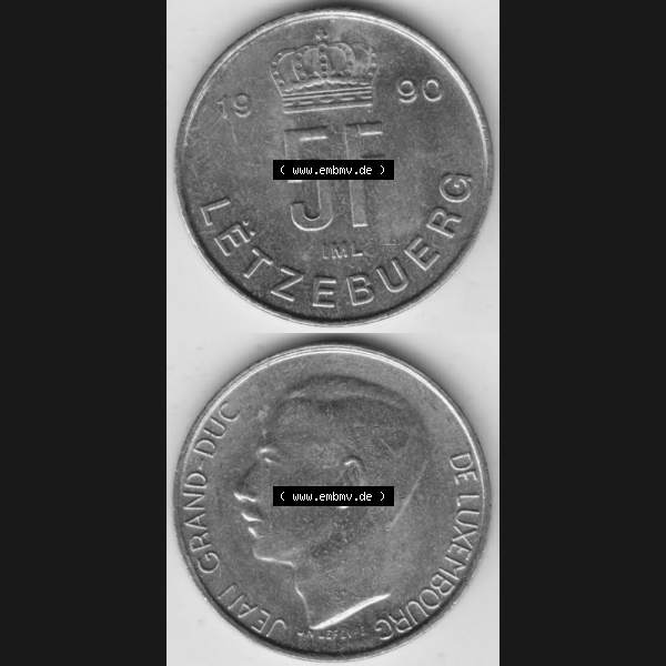 Grau bzw. s/w Münzen Luxemburg Umlaufmünze 1989-1995, 5 Franken - Francs 1990, Münzseiten Vertikal / Untereinander für Mobile-Geräte als Bildmaterial Sammlung Graustufen
