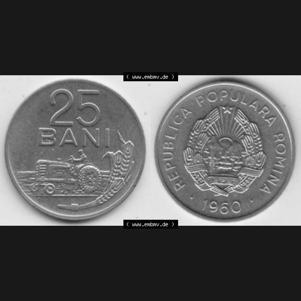 Grau bzw. s/w Münzen Rumänien Umlaufmünze 1960-1960, 25 Bani, Bild mit horizontaler Vollansicht als Bildmaterial Sammlung Graustufen