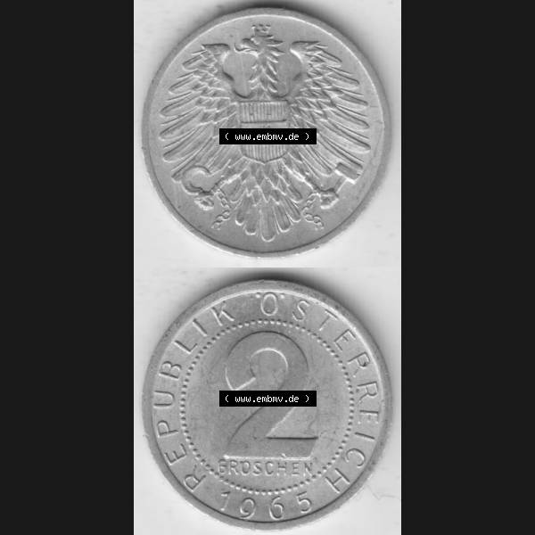 Grau bzw. s/w Münzen Österreich Umlaufmünze 1950-1994, 2 Groschen 1965, Münze aus Österreich mit Münzseiten Vertikal / Untereinander auf einen Bild für Mobile-Geräte... Sammlung Graustufen