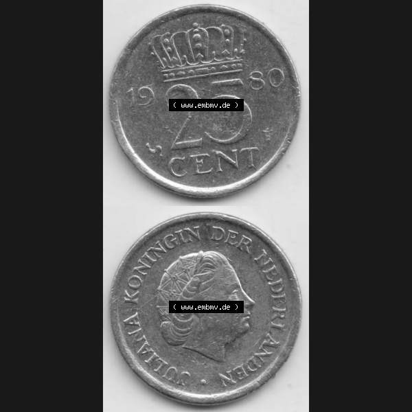 Grau bzw. s/w Münzen Niederlande Umlaufmünze 1950-1980, 25 Cent 1980, Münzseiten Vertikal / Untereinander für Mobile-Geräte als Bildmaterial Sammlung Graustufen