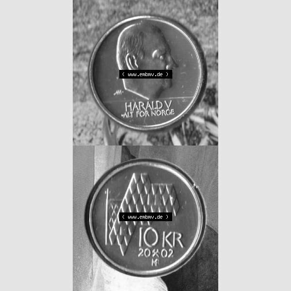 Grau bzw. s/w Münzen Norwegen Umlaufmünze 1995-2012, 10 KR, Kronen 2002, Münze aus Norwegen aus Münzensatz mit Münzseiten Vertikal / Untereinander auf einen Bild für... Sammlung Graustufen