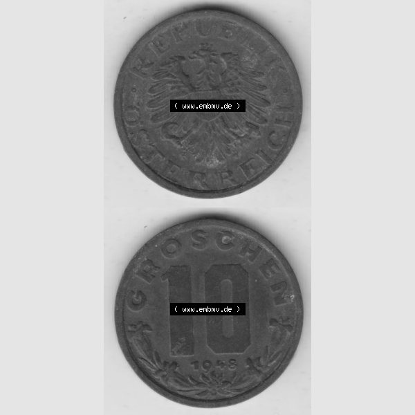 Grau bzw. s/w Münzen Österreich Umlaufmünze 1947-1949, 10 Groschen 1948 I., Münze aus Österreich mit Münzseiten Vertikal / Untereinander auf einen Bild für Mobile-Geräte... Sammlung Graustufen