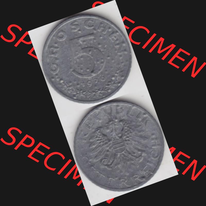 Münzen Österreich Umlaufmünze 1948-1994, 5 Groschen 1976, Münze aus Österreich mit Münzseiten Vertikal / Untereinander auf einen Bild für Mobile-Geräte... Sammlung