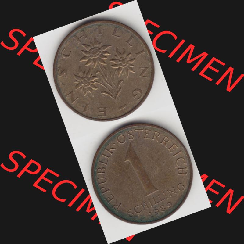 Münzen Österreich Umlaufmünze 1959-2001, 1 Schilling 1989, Münze aus Österreich mit Münzseiten Vertikal / Untereinander auf einen Bild für Mobile-Geräte... Sammlung