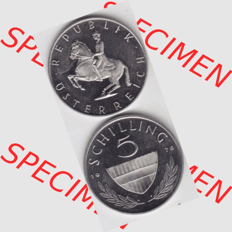 Münzen Österreich Umlaufmünze 1968-2001, 5 Schilling 1976, Münze aus Österreich mit Münzseiten Vertikal / Untereinander auf einen Bild für Mobile-Geräte... Sammlung