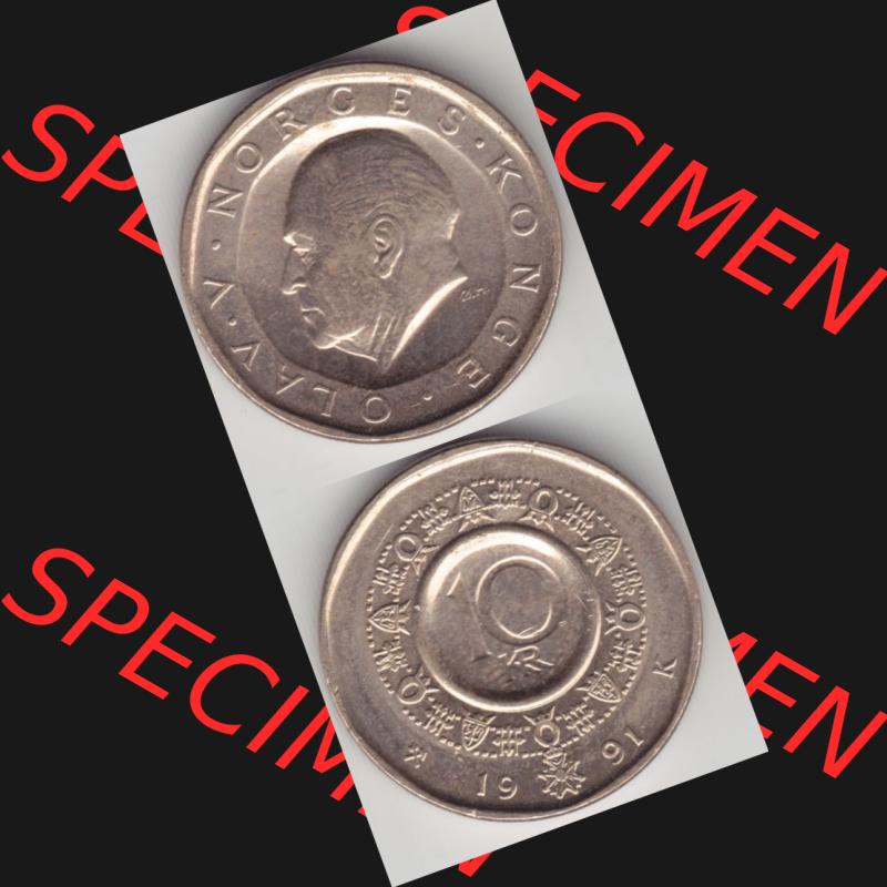 Münzen Norwegen Umlaufmünze 1983-1991, 10 Kronen 1991, Münze aus Norwegen aus Umlauf / Zahlungsverkehr mit Münzseiten Vertikal / Untereinander auf einen Bild für... Sammlung