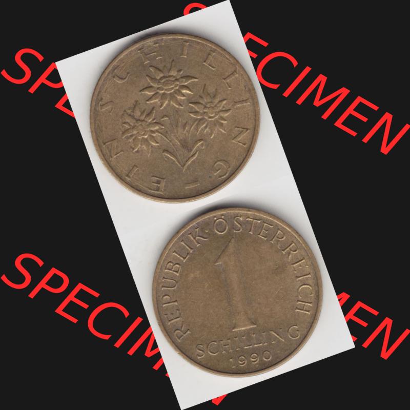 Münzen Österreich Umlaufmünze 1959-2001, 1 Schilling 1990, Münze aus Österreich mit Münzseiten Vertikal / Untereinander auf einen Bild für Mobile-Geräte... Sammlung