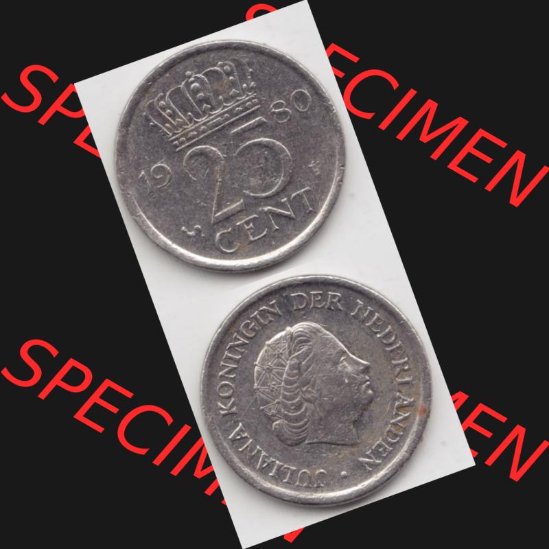 Münzen Niederlande Umlaufmünze 1950-1980, 25 Cent 1980, Münzseiten Vertikal / Untereinander für Mobile-Geräte als Bildmaterial Sammlung