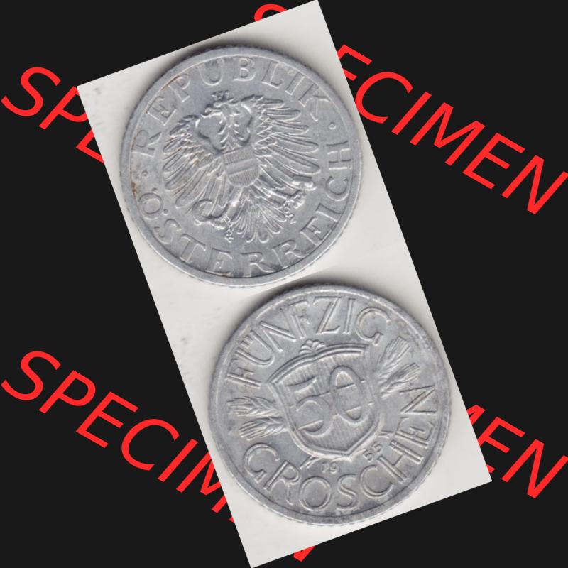 Münzen Österreich Umlaufmünze 1946-1955, 50 Groschen 1955, Münze aus Österreich mit Münzseiten Vertikal / Untereinander auf einen Bild für Mobile-Geräte... Sammlung