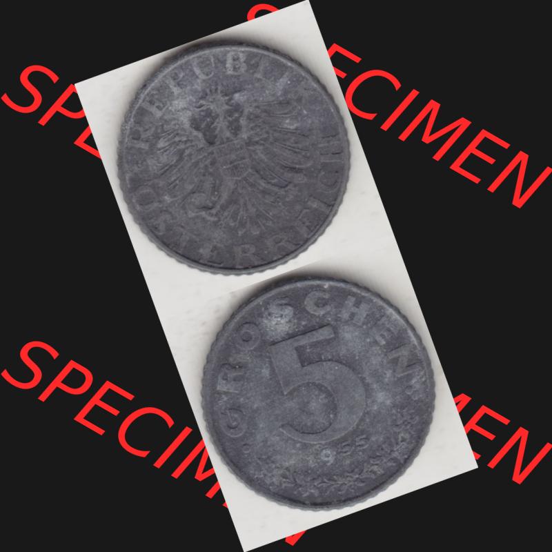 Münzen Österreich Umlaufmünze 1948-1994, 5 Groschen 1955, Münze aus Österreich mit Münzseiten Vertikal / Untereinander auf einen Bild für Mobile-Geräte... Sammlung