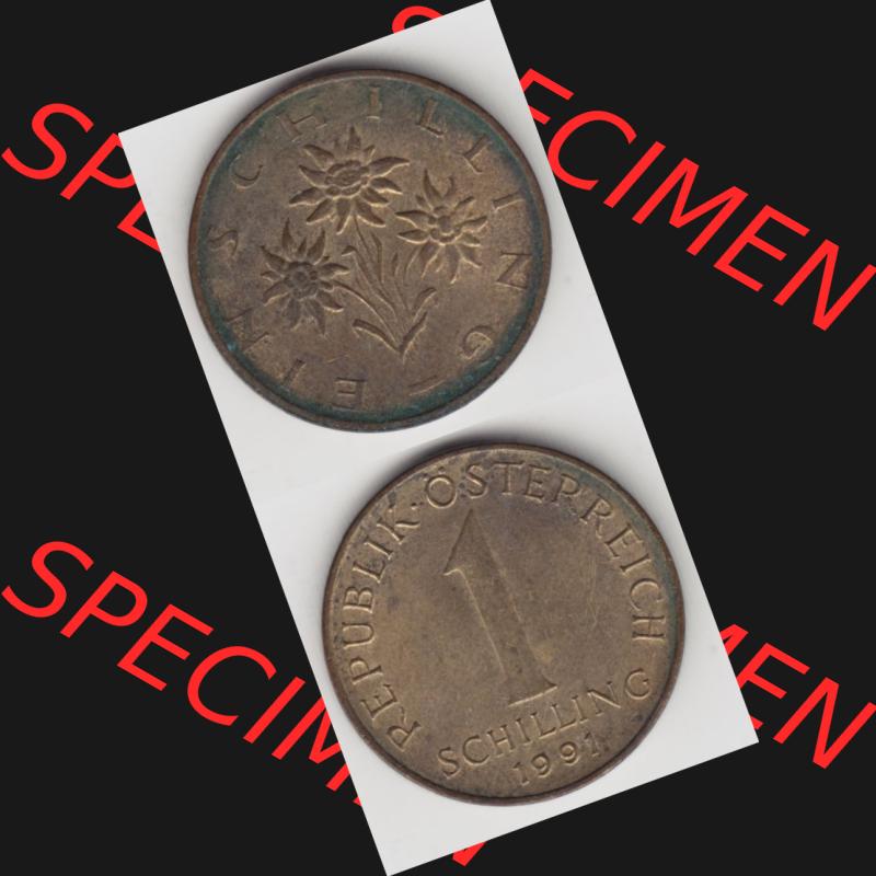 Münzen Österreich Umlaufmünze 1959-2001, 1 Schilling 1991 II., Münze aus Österreich mit Münzseiten Vertikal / Untereinander auf einen Bild für... Sammlung