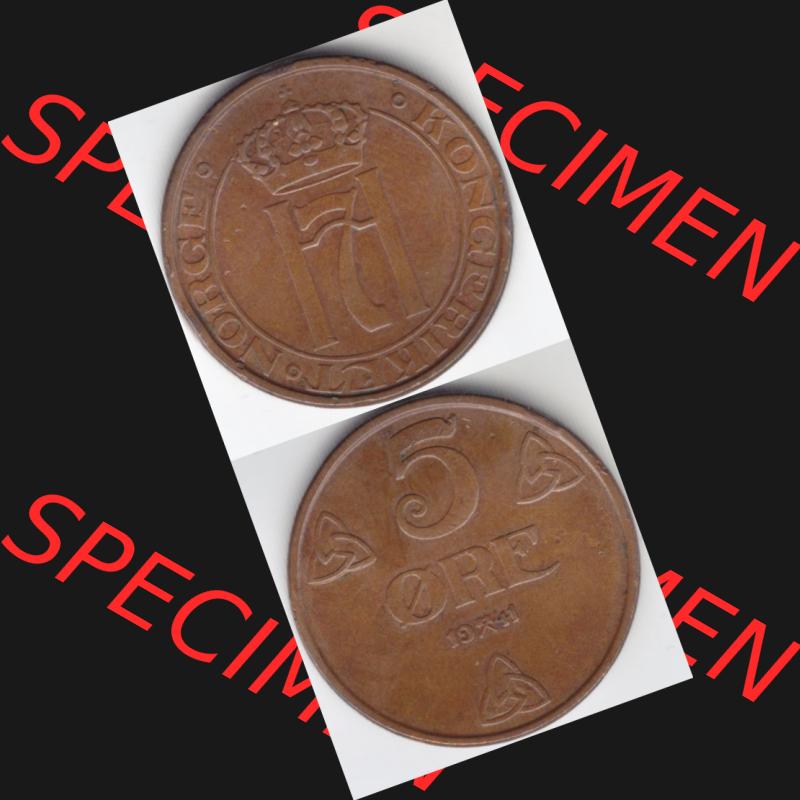Münzen Norwegen Umlaufmünze 1908-1952, 5 Öre 1941, Münze aus Norwegen aus Umlauf / Zahlungsverkehr mit Münzseiten Vertikal / Untereinander auf einen Bild für... Sammlung