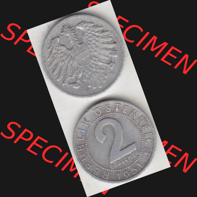 Münzen Österreich Umlaufmünze 1950-1994, 2 Groschen 1951, Münze aus Österreich mit Münzseiten Vertikal / Untereinander auf einen Bild für Mobile-Geräte... Sammlung