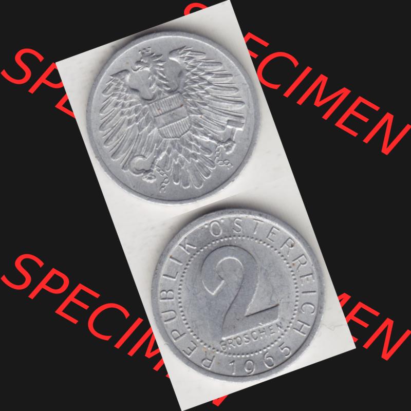 Münzen Österreich Umlaufmünze 1950-1994, 2 Groschen 1965, Münze aus Österreich mit Münzseiten Vertikal / Untereinander auf einen Bild für Mobile-Geräte... Sammlung