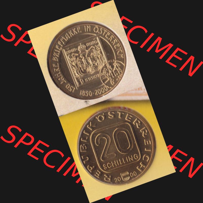Münzen Österreich Umlaufmünze 2000-2000, 20 Schilling 150 Jahre Briefmarken, Münze aus Österreich mit Münzseiten Vertikal / Untereinander auf einen Bild für... Sammlung