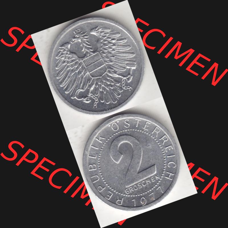 Münzen Österreich Umlaufmünze 1950-1994, 2 Groschen 1977, Münze aus Österreich mit Münzseiten Vertikal / Untereinander auf einen Bild für Mobile-Geräte... Sammlung