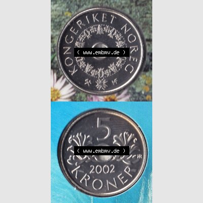 Münzen Norwegen Umlaufmünze 1998-2017, 5 Kroner, Kronen 2002, Münze aus Norwegen aus Münzensatz mit Münzseiten Vertikal / Untereinander auf einen Bild für... Sammlung