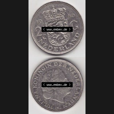 Münzen Niederlande Umlaufmünze 1969-1980, 2.50 Gulden 1980, Münzseiten Vertikal / Untereinander für Mobile-Geräte als Bildmaterial Sammlung