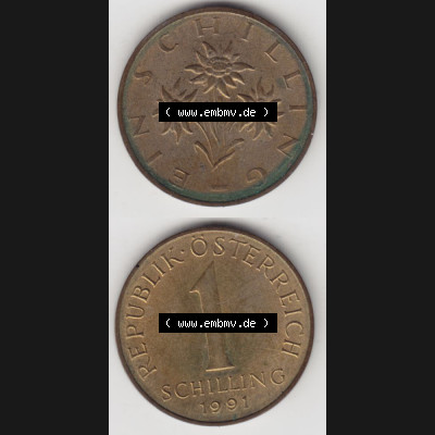 Münzen Österreich Umlaufmünze 1959-2001, 1 Schilling 1991 I., Münze aus Österreich mit Münzseiten Vertikal / Untereinander auf einen Bild für Mobile-Geräte... Sammlung