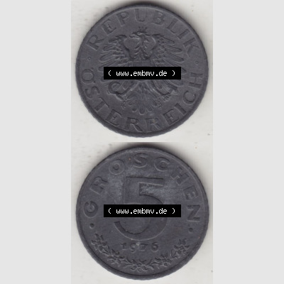 Münzen Österreich Umlaufmünze 1948-1994, 5 Groschen 1976, Münze aus Österreich mit Münzseiten Vertikal / Untereinander auf einen Bild für Mobile-Geräte... Sammlung