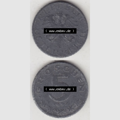 Münzen Österreich Umlaufmünze 1948-1994, 5 Groschen 1957, Münze aus Österreich mit Münzseiten Vertikal / Untereinander auf einen Bild für Mobile-Geräte... Sammlung