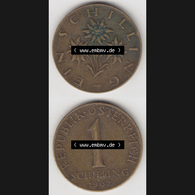 Münzen Österreich Umlaufmünze 1959-2001, 1 Schilling 1962, Münze aus Österreich mit Münzseiten Vertikal / Untereinander auf einen Bild für Mobile-Geräte... Sammlung