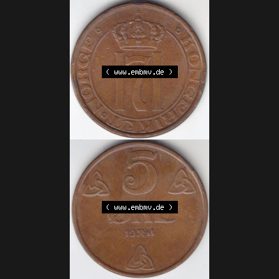 Münzen Norwegen Umlaufmünze 1908-1952, 5 Öre 1941, Münze aus Norwegen aus Umlauf / Zahlungsverkehr mit Münzseiten Vertikal / Untereinander auf einen Bild für... Sammlung