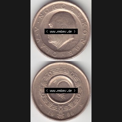 Münzen Norwegen Umlaufmünze 1983-1991, 10 Kronen 1986, Münze aus Norwegen aus Umlauf / Zahlungsverkehr mit Münzseiten Vertikal / Untereinander auf einen Bild für... Sammlung