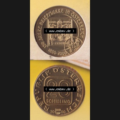 Münzen Österreich Umlaufmünze 2000-2000, 20 Schilling 150 Jahre Briefmarken, Münze aus Österreich mit Münzseiten Vertikal / Untereinander auf einen Bild für... Sammlung