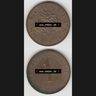 Münzen Österreich Umlaufmünze 1959-2001, 1 Schilling 1989, Münze aus Österreich mit Münzseiten Vertikal / Untereinander auf einen Bild für Mobile-Geräte... Sammlung