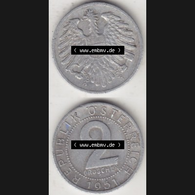 Münzen Österreich Umlaufmünze 1950-1994, 2 Groschen 1951, Münze aus Österreich mit Münzseiten Vertikal / Untereinander auf einen Bild für Mobile-Geräte... Sammlung