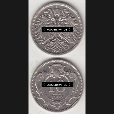 Münzen Österreich Umlaufmünze 1892-1911, 10 Heller 1908, Münze aus Österreich mit Münzseiten Vertikal / Untereinander auf einen Bild für Mobile-Geräte... Sammlung