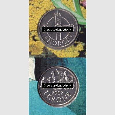 Münzen Norwegen Umlaufmünze 1997-2016, 1 Krone 2002, Münze aus Norwegen aus Münzensatz mit Münzseiten Vertikal / Untereinander auf einen Bild für Mobile-Geräte... Sammlung