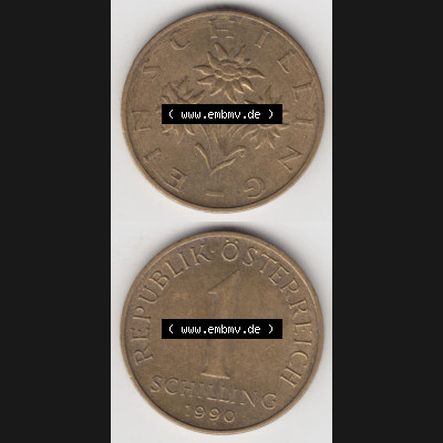 Münzen Österreich Umlaufmünze 1959-2001, 1 Schilling 1990, Münze aus Österreich mit Münzseiten Vertikal / Untereinander auf einen Bild für Mobile-Geräte... Sammlung