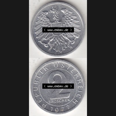 Münzen Österreich Umlaufmünze 1950-1994, 2 Groschen 1977, Münze aus Österreich mit Münzseiten Vertikal / Untereinander auf einen Bild für Mobile-Geräte... Sammlung