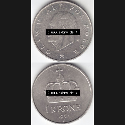 Münzen Norwegen Umlaufmünze 1974-1991, 1 Krone 1981, Münze aus Norwegen aus Umlauf / Zahlungsverkehr mit Münzseiten Vertikal / Untereinander auf einen Bild für... Sammlung