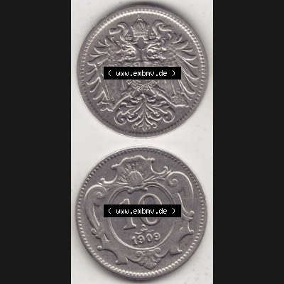Münzen Österreich Umlaufmünze 1892-1911, 10 Heller 1909, Münze aus Österreich mit Münzseiten Vertikal / Untereinander auf einen Bild für Mobile-Geräte... Sammlung