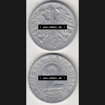 Münzen Österreich Umlaufmünze 1950-1994, 2 Groschen 1950, Münze aus Österreich mit Münzseiten Vertikal / Untereinander auf einen Bild für Mobile-Geräte... Sammlung