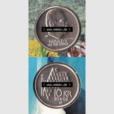 Münzen Norwegen Umlaufmünze 1995-2012, 10 KR, Kronen 2002, Münze aus Norwegen aus Münzensatz mit Münzseiten Vertikal / Untereinander auf einen Bild für... Sammlung