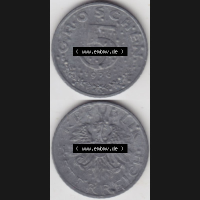 Münzen Österreich Umlaufmünze 1948-1994, 5 Groschen 1976, Münze aus Österreich mit Münzseiten Vertikal / Untereinander auf einen Bild für Mobile-Geräte... Sammlung