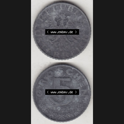Münzen Österreich Umlaufmünze 1948-1994, 5 Groschen 1955, Münze aus Österreich mit Münzseiten Vertikal / Untereinander auf einen Bild für Mobile-Geräte... Sammlung