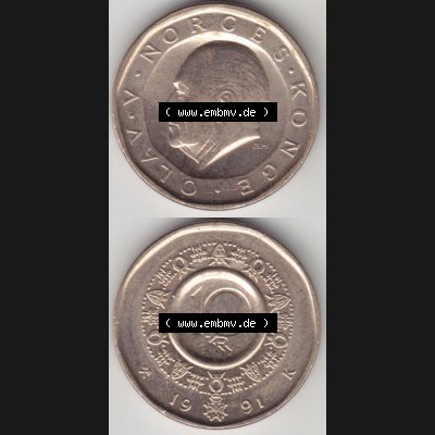 Münzen Norwegen Umlaufmünze 1983-1991, 10 Kronen 1991, Münze aus Norwegen aus Umlauf / Zahlungsverkehr mit Münzseiten Vertikal / Untereinander auf einen Bild für... Sammlung