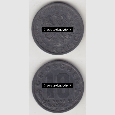 Münzen Österreich Umlaufmünze 1947-1949, 10 Groschen 1948 I., Münze aus Österreich mit Münzseiten Vertikal / Untereinander auf einen Bild für Mobile-Geräte... Sammlung