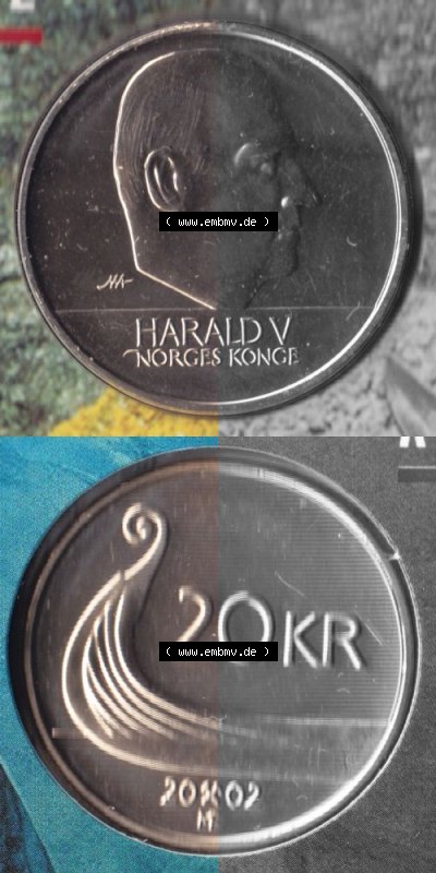 Münzen Norwegen Umlaufmünze 1994-2009, 20 KR, Kronen 2002, Münze aus Norwegen aus Münzensatz mit Münzseiten Vertikal / Untereinander... Sammlung