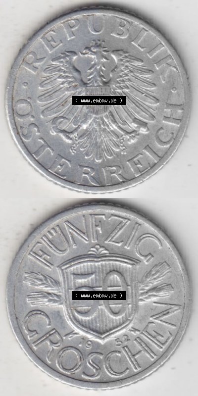 Münzen Österreich Umlaufmünze 1946-1955, 50 Groschen 1952, Münze aus Österreich mit Münzseiten Vertikal / Untereinander... Sammlung