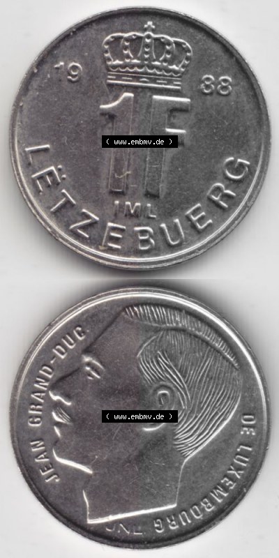Münzen Luxemburg Umlaufmünze 1988-1995, 1 Franc - Franken 1988, Münzseiten Vertikal / Untereinander für Mobile-Geräte als... Sammlung